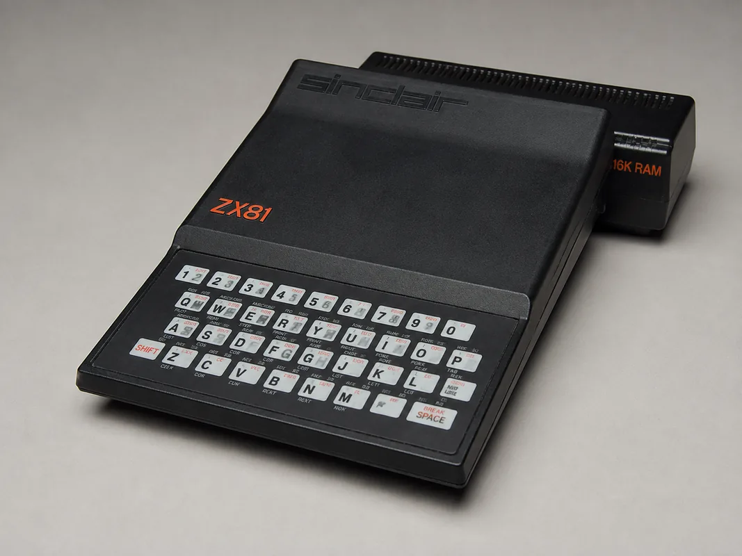 A Sinclair ZX81 home computer with its 16K RAM pack