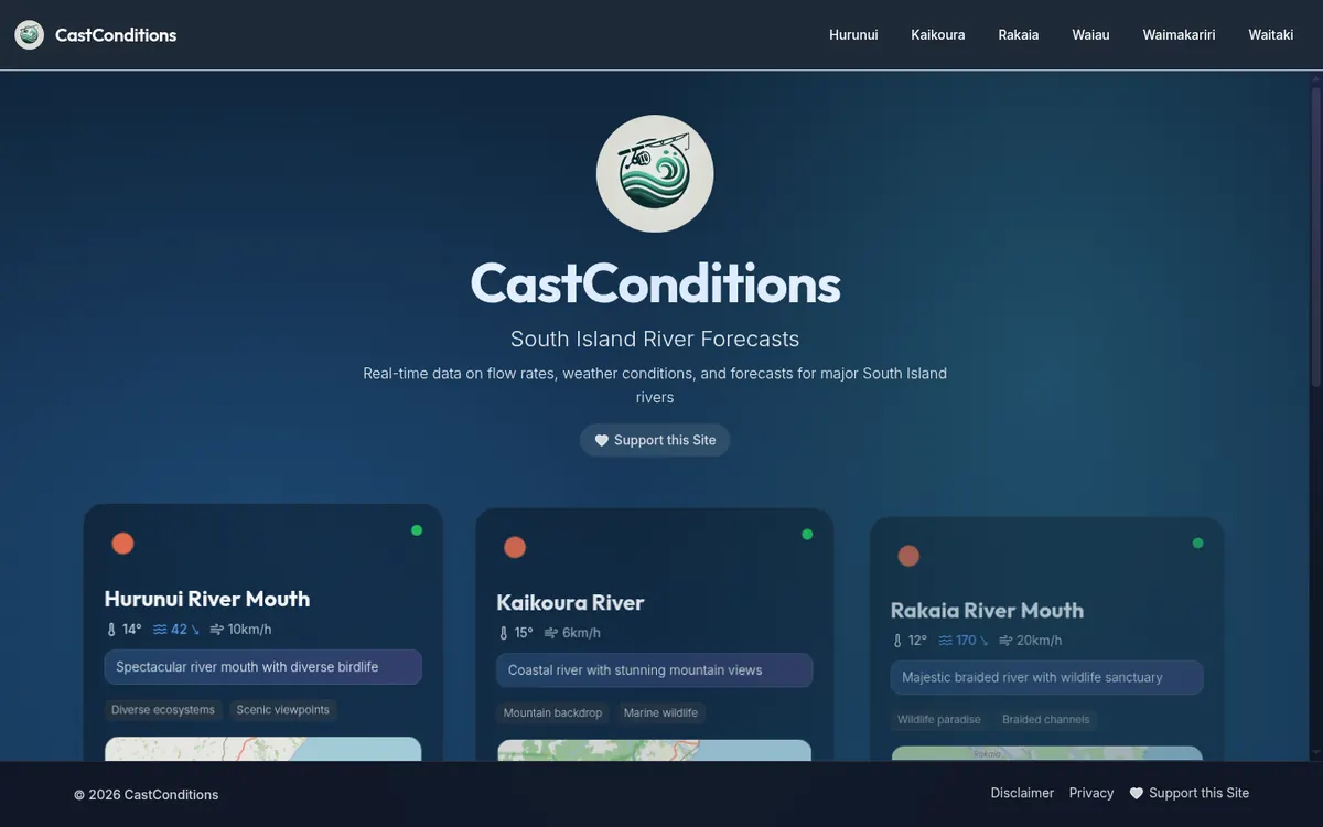 The CastConditions river forecast dashboard, with cards for the Hurunui, Kaikoura and Rakaia river mouths showing water temperature, flow and wind speed