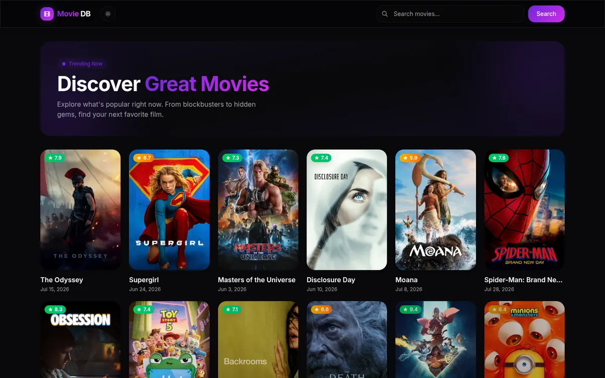 The Movie DB home screen, a dark grid of film posters with rating badges under a Discover Great Movies banner