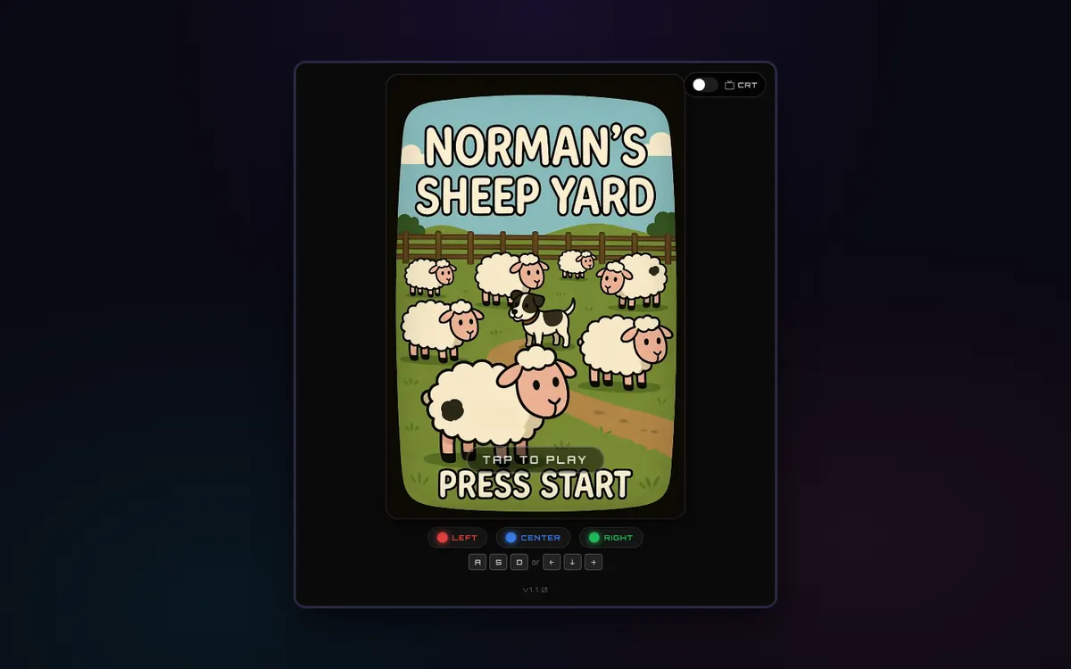 Norman's Sheep Yard title screen on a simulated handheld console, a cartoon sheepdog among sheep in a paddock above a PRESS START prompt