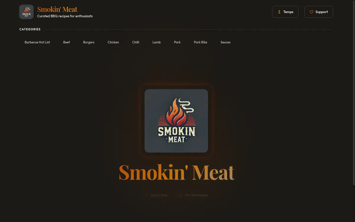 The Smokin' Meat home page, a dark landing screen with a flame emblem over a row of recipe categories from Beef to Sauces